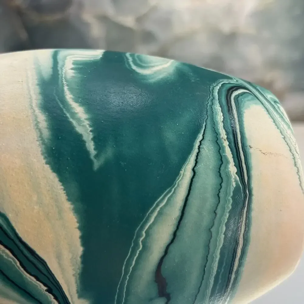 Nemadji Vase Pottery 6.5 x 5 in Round Ivory & Blue Swirl Hand Painted